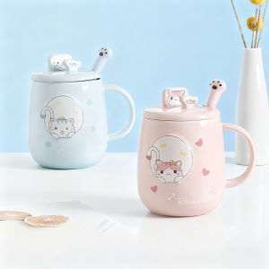 Cat-Themed Ceramic Mug with Lid and Spoon Cartoon Style Perfect for Office or Home Use Coffee Cup Mugs Mug Glass Mug Cup Mugs