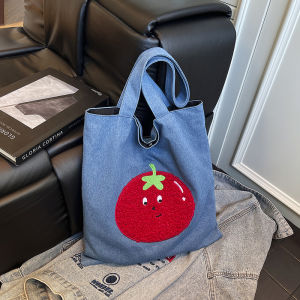 Large Capacity Embroidered Canvas Tote Bag Commuter Style Denim Single Shoulder Bag Student Class Bag Korean System Bag