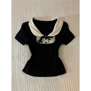 เสื้อยืดคอกลมแขนสั้นสีดำสำหรับผู้หญิง ทรงเข้ารูป สไตล์เกาหลี แขนสั้น ทรงเข้ารูป แฟชั่นฤดูร้อน แขนสั้น สไตล์เด็ก คอกลม