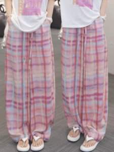 MEITESIJIAONU | Pink Checkered Contrast Casual Wide Leg Linen Drawstring Pants