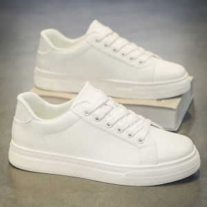 Pure White Mens Shoes 2025 New Spring Autumn Versatile Casual Sports Flat Shoes Leather Surface Middle School Boys Sneakers