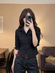 Shalldoer | French Elegance Collar Black Slimming Mid-Sleeve Shirt