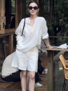 White Linen Cotton Summer Casual Womens Sun Protection Shirt Commute Simple Shorts Slimming Two-Piece Set Thin