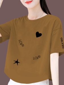 Pure ผ้าฝ้าย เสื้อยืดแขนสั้น ผู้หญิง ฤดูร้อน ใหม่เกาหลี หลวม คอกลมบางพิมพ์ไม่สมมาตรเสื้อผู้หญิง