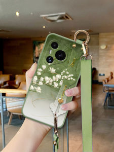 Huawei Pura70 pro Womens Phone Case Fresh Style Protective Cover with Wrist Strap Full Protection Green Plum Blossom Design