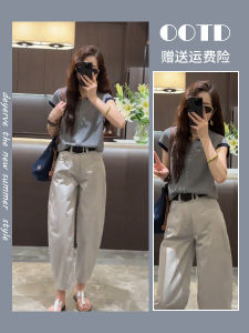 ชุดทำงานฤดูร้อน ชุดสองชิ้น เสื้อแขนสั้น กระโปรงยาวปานกลาง สไตล์ทำงาน คอกลม สีพื้น ผ้าฝ้ายผสมโพลีเอสเตอร์