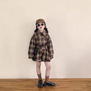 เสื้อเชิ้ตคอปกพับแขนยาวลายสก็อตสไตล์เกาหลีสำหรับเด็กผู้หญิง ชุดกระโปรงสั้นลายดอกไม้ ชุดแฟชั่นฤดูใบไม้ร่วง 2025