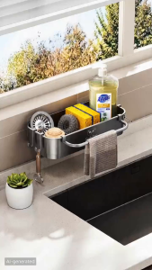 Nipiin Multipurpose Kitchen Sink Organizer Sponge Soap Holder Towel Bar No Drill Self Adhesive Rustproof PP Scrubber Hanger Maximize Counter Space