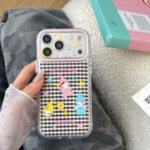 Sanrio | Korea INS Black Checkered Hello Kitty Sanrio Cartoon Phone Case For iphone 17 16 15 Pro Max Shockproof Cover With Lanyard