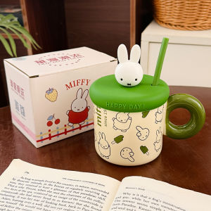 Cute Ceramic Miffy Mug with Lid And Straw Creative Cartoon Milk Cup Home Breakfast Cup Handmade Korean Style Universal 330ml