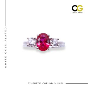Synthetic Corundum Ruby Gemstone White Gold Plated Ring Cincin Delima for Women #1902R - Oval Cut 8x6mm - Elegant Design with Cubic Zirconia Side Stones