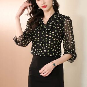 Tianshun Polka Dot Shirt Fashion Bow Collar Korean Edition Khaki Chiffon Casual Work Wear OL Long Sleeve Top