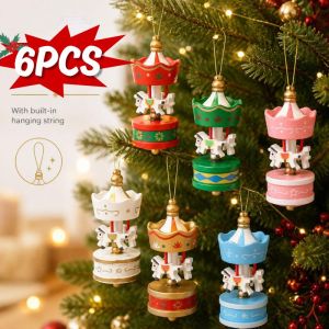 6Pcs Wooden Carousel Horse Hanging Decor Christmas Tree Pendant Colorful Merry-Go-Round Festival Party Christmas Decoration