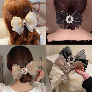 Luxury Flash Diamond Bow Hairpin Fashion Organza Spring Clip Hair Pin Temperament Woman Ponytail Hair Clip Female Bow Ribbon Hairpin Hair Accessories