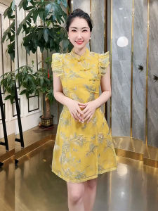 New Chinese Style Embroidery Sleeve Short Dress Breathable Floral Print Slimming Waists Retro Middle Length Qipao Skirts