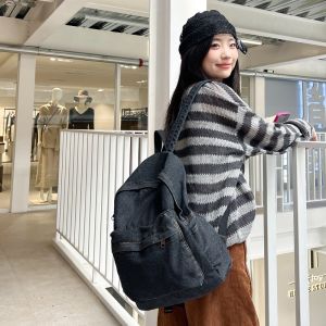 Denim Canvas Backpack Casual Pure Color School Bag for Middle School Students And College Girls Sweet College Style Large Size