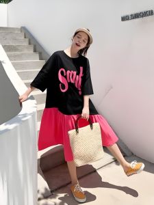 plus Size Womens Summer Dress T-Shirt Dress Belly Covering Cotton Short Sleeve round Neck Solid Color A-Line Skirt Dress