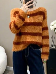 QINGNAER | 2025 Autumn/Winter New Casual Color Block Stripes Oversized Knitwear