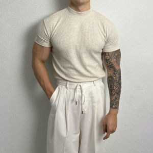 round Neck Ribbed Knitted Short Sleeve T-Shirt Mens Summer American Hard Man Muscle Elastic Comfortable Light Maturity Style Tee