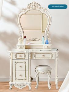 European Style Miniature Ivory White Bedroom Makeup Desk with Light Real Wood Cabinet Multi-Function Luxury Quality Furniture