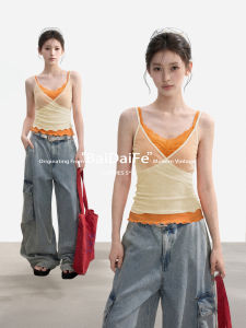 BAIDAIFEI | Orange Lace Mesh Sleeveless Camisole