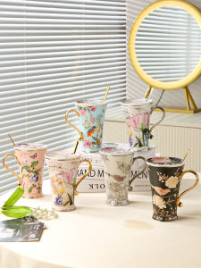 Nordic Style Ceramic Mugs with Lid And Spoon Creative Tulip Design Coffee Cups for Office Use Adult Birthday Gifts 320ml Capacity