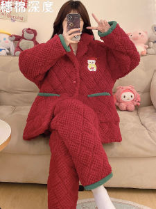 Red Festive Three-Layer Thickened Cotton Sleepwear Womens Winter Coral Fleece 2023 New Autumn Winter Style Snowman Birth Year