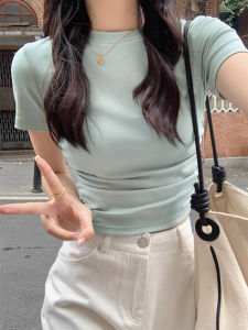 Áo Thun Nữ Tay Ngắn Cổ Tròn Màu Xanh Lam Mùa Hè Thiết Kế Giảm Tuổi Tác Cạp Chun Ôm Vừa Vặn Tay Ngắn Áo Thun Thường Ngày