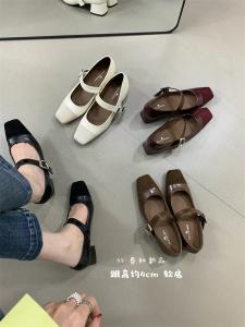 Korean Style Square Head Splicing Single Shoes Womens Soft Leather Slip-On Mary Janes Spring Autumn Season Medium Heel