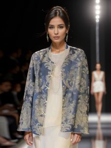 Elegant Blue Silk Brocade Long Sleeve Womens Outerwear Cardigan 2025 New Chinese National Style Commute Slim Fit round Neck