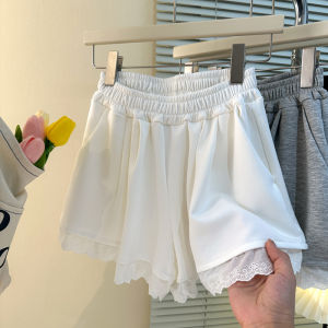 Casual Lace Trim Wide Leg Short Pants Women Summer New Loose Korean Style High Waist Elastic Sports Pants Versatile Commute Wind