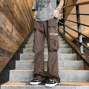 American Style Loose Casual Work Pants for Men with 3D Pockets Functional Loose Fit Straight Leg Zipper Decorated Leisure Trousers