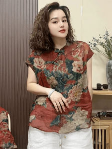 New Chinese Style Summer Shirt Womens Short Sleeve round Neck Straight Cut Commuter Vintage Fashionable Small Top