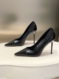 เซ็กซี่ สิทธิบัตรผิวงู หนัง รองเท้าส้นสูงกระจก ฤดูใบไม้ผลิ ฤดูใบไม้ร่วง นิ้วเท้าชี้ใหม่ตัดต่ําบาง สายคล้อง รองเท้าเดี่ยวประกบ 9 ซม.