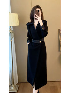 Elegant Black Suit Dress High Waist A-Line Skirt Long Sleeve V-Neck Commute Style Korean Fashion Upper Class Atmosphere Strong