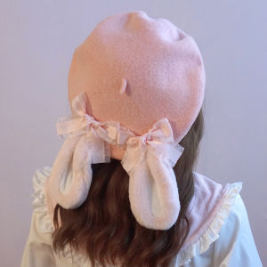 Original Handmade Rabbit Ear Hats by Benzaiyao in Pink Beret Style Soft Woolen Material Ideal for Lolita and Japanese Streetwear