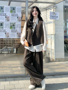 Caramel Casual Womens Three-Piece Set with Vest Shirt And Wide Leg Pants Autumn 2025 Design Sensation College Style Fashion