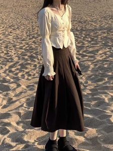 Autumn Fashion Set Womens Lazy Waist-Cinching Bubble Sleeve Square Collar Midi Skirt High Waist Pleated Half-length Skirt