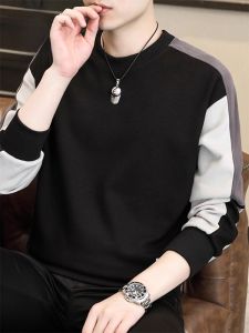 ROMON | Romon Mens Hoodie Spring 2025 New Trend Splice Color Long Sleeve Round Neck T-shirt Casual Base Shirt Loose Fit Antioxidant