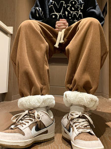 Extra Thick Lamb Velvet Mens Pants Autumn Winter Fleece Lined Sports Casual Cotton Trousers American Retro Cuffed Sweatpants