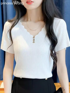 WANGGONGZHU | Princess Style Ice Silk Short Sleeve T-Shirt Womens Summer Slim Fit Knitted Top V-Neck Button Detail Regular Length Thin