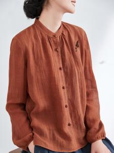 Red Chinese Style Long Sleeve Stand Collar Flax Shirt Womens Spring High End Casual Loose Fit Casual Outerwear Top