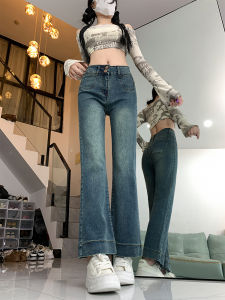 High Waist Bell Bottom Jeans Womens Design Sensation Autumn Slimming Nine Point Horse Hoof Pants Double Buckle Large Size