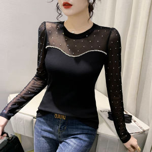 Áo Thun Nữ Tay Dài Thời Trang Mùa Xuân 2024 Mới Về Áo Lưới Đính Đá Rhinestone Áo Sơ Mi Cơ Bản Đa Năng Cổ Tròn Màu Trơn