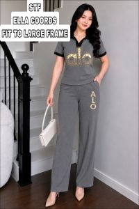 Beige wide-leg pants with graphic polo shirt set fit to XL frame