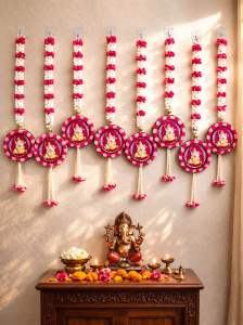 Ganesha Wall Hanging with Mogra Floral Garlands backdrop Strings for Ganpati and Diwali backdrop Set of 6 Strings