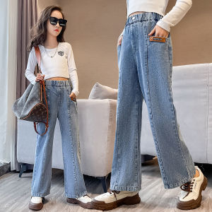 Rolanko 5-14 Year Kids Girls Splice Baggy Jeans Pants Fashion Straight Trousers Wide Leg Pants Loose Casual Summer Autumn Clothes
