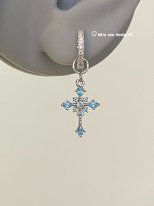Ultra-Shiny Zircon Cross Ribbon Earrings Dreamy Blue Sweet Cool Fashion Jewelry Mixed Material Earring Studs Accessory