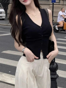 Fancy Black V-neck Ice Silk Knitting Camisole Womens Summer Stylish Silm Short Sleeveless T-shirt Top