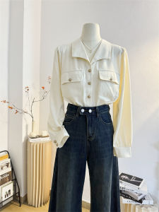 French Collar Long Sleeve Double Pocket Womens Shirt Spring Design Commute Personality Inner Wear Chiffon Top Straight Tube Type